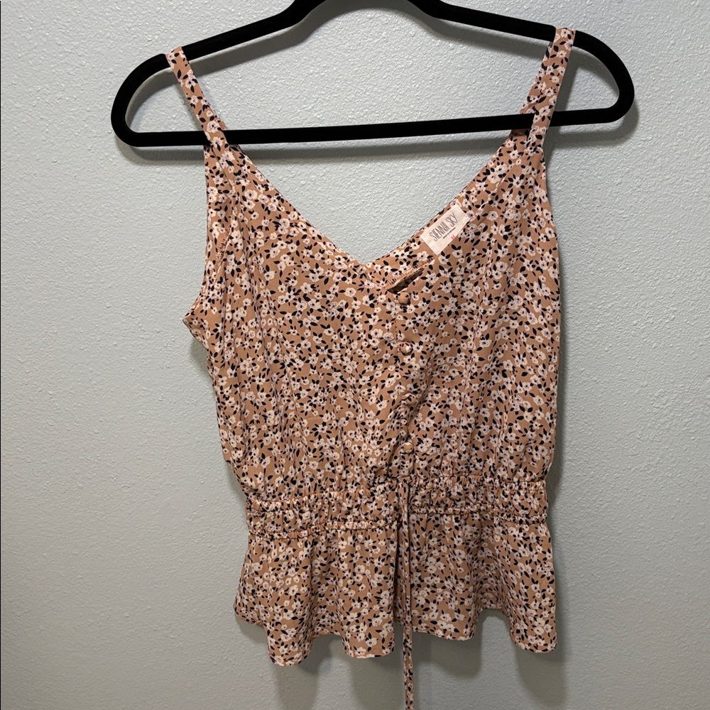 SIENNA SKY Floral dressy spaghetti strap blouse.
